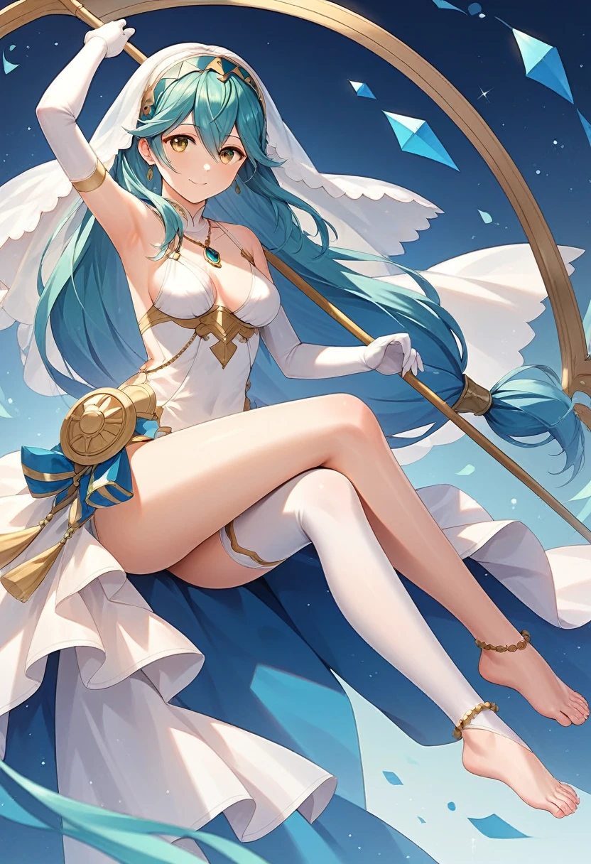 masterpiece, Highest quality, Very detailed, score_9, score_8_upper, score_7_upper, score_6_upper, アニメ, Aqua(Fire emblem), Low-tied_long_hair, light_blue_hair, Yellow Eyes, Asymmetrical legwear, barefoot, Opera Gloves, pendant,White legwear, Single bare leg, White Dress, hair band, Long hair between the eyes, Gold Anklet, Veil, Beautiful Eyes, Perfect Face, Perfect hands, Perfect Fingers, medium breasts, Very beautiful long legs, Thighs, spear, Have a weapon, armpits, light smile