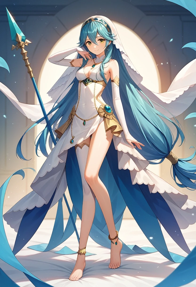 masterpiece, Highest quality, Very detailed, score_9, score_8_upper, score_7_upper, score_6_upper, アニメ, Aqua(Fire emblem), Low-tied_long_hair, light_blue_hair, Yellow Eyes, Asymmetrical legwear, barefoot, Opera Gloves, pendant,White legwear, Single bare leg, White Dress, hair band, Long hair between the eyes, Gold Anklet, Veil, Beautiful Eyes, Perfect Face, Perfect hands, Perfect Fingers, medium breasts, Very beautiful long legs, Thighs, spear, Have a weapon, armpits, light smile