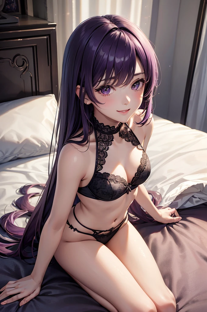 Best Quality,High resolution,8K,finelity detailed background,Masterpiece:1.2),beautiful girl,Shiny purple hair,asymmetrical hair,Brown eyes,Gentle look,A refreshing look,Smile shyly,Best quality,Best Quality,Aesthetic and aesthetic:1.2,Best details((Super detailed))(High-definition CG illustrations),Purple underwear (gray,intricate lace),Slender body,night,moon,Bedroom,On the bed,smile,blush,cute,Scrounge,Looking up,Being spoiled,super model,wariza,shoot from above