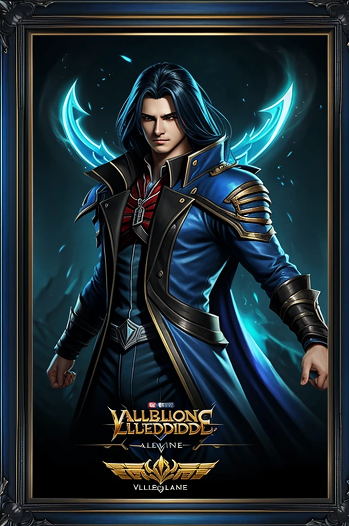 Mobile Legends character Alucard with Velentino name in a blue and black frame