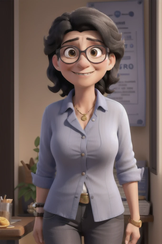 middle-aged woman who is a teacher and pre-candidate for councilor in Limoeiro de Anadia, Alagoas, brazil. She has medium length black hair with some gray strands., wears glasses and has a warm, professional appearance. She is dressed in a royal blue blouse and dark jeans., with a golden watch on his wrist. Your avatar should reflect your approachable and dedicated personality, suitable for a public servant applying for a position.