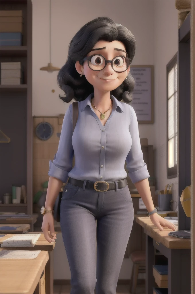 middle-aged woman who is a teacher and pre-candidate for councilor in Limoeiro de Anadia, Alagoas, brazil. She has medium length black hair with some gray strands., wears glasses and has a warm, professional appearance. She is dressed in a royal blue blouse and dark jeans., with a golden watch on his wrist. Your avatar should reflect your approachable and dedicated personality, suitable for a public servant applying for a position.