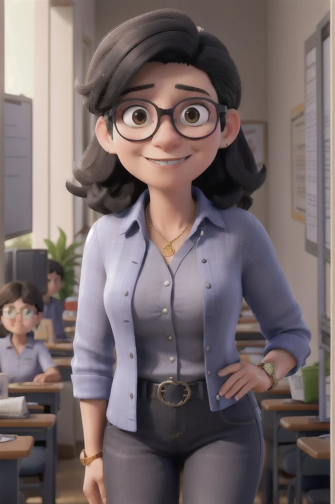 middle-aged woman who is a teacher and pre-candidate for councilor in Limoeiro de Anadia, Alagoas, brazil. She has medium length black hair with some gray strands., wears glasses and has a warm, professional appearance. She is dressed in a royal blue blouse and dark jeans., with a golden watch on his wrist. Your avatar should reflect your approachable and dedicated personality, suitable for a public servant applying for a position.