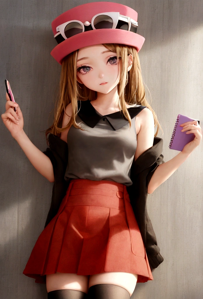 una chica en un salon de clases, sentada, tomando notas en un cuaderno, eyewear on head, hat, skirt, sunglasses, shirt, black shirt, sleeveless, red skirt, pink hat, black thighhighs, white panties, detailed eyes, innocent gaze