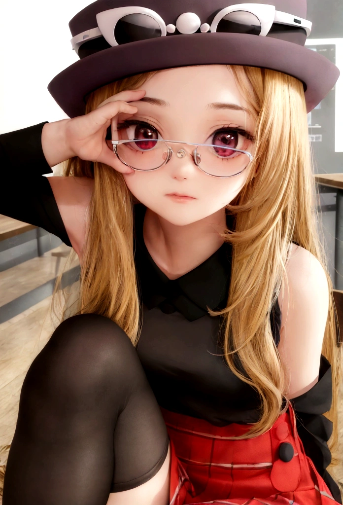 una chica en un salon de clases, sentada, tomando notas en un cuaderno, eyewear on head, hat, skirt, sunglasses, shirt, black shirt, sleeveless, red skirt, pink hat, black thighhighs, white panties, detailed eyes, innocent gaze