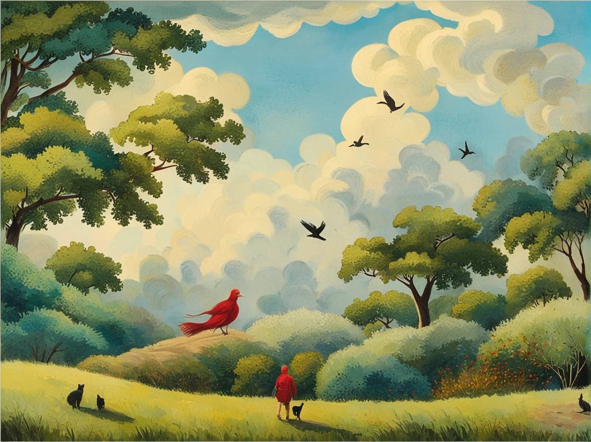 ((one walking with a kitten through the garden)) trees, birds, Blue sky and white clouds, ((Rigth's perspective)) illustration for a book