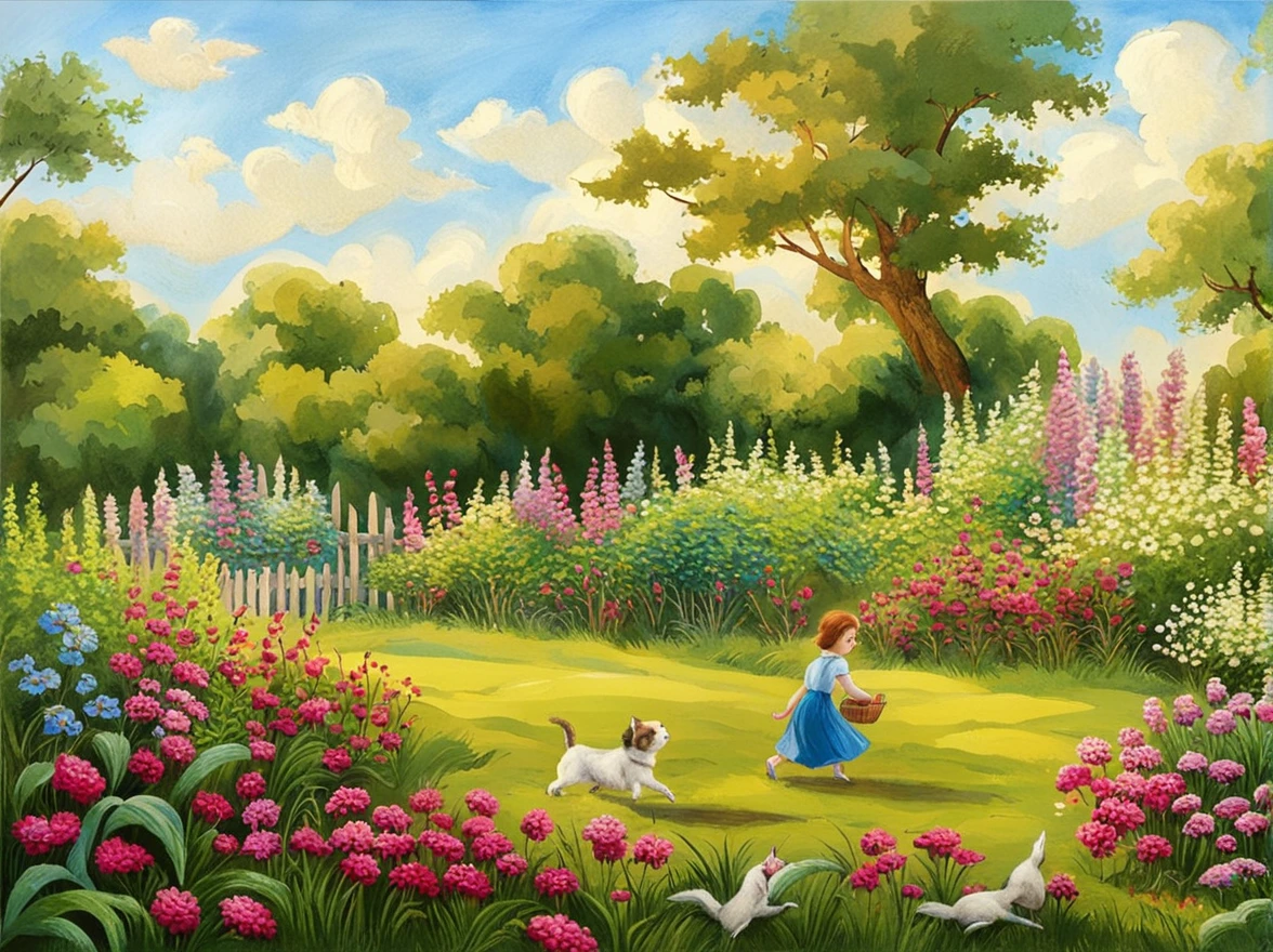 ((one walking with a kitten through the garden)) trees, birds, Blue sky and white clouds, ((Rigth's perspective)) illustration for a book