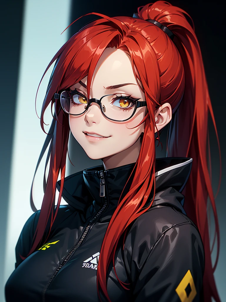 ((Portrait Photo)), She has a Cute and Playful Childish Appearance, with a Slim-yet Toned Build and Fair Skin. She Expresses an Assertive and Smug Look, Giving Off a Mischievous Glint and a Playful Smirk. She has a Striking Yellow Eyes, and Her Hair is Long, Dark Red, and Straight, Tied in a High Ponytail. She Wears a Oversized, Techwear Black Jacket, Accompanied by a Half-Frame Glasses. ((Portrait Photo, HDR, Dark Background))