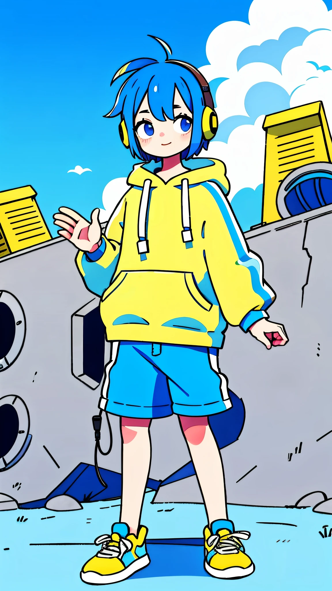 Mash Hair Short Hair Blue hair Wearing a blue hoodie I'm wearing headphones 1 male smile Yellow irises Narrow eyes cheeks are white The whole body is shown Looking into the distance Waving one hand up The whole body is on camera