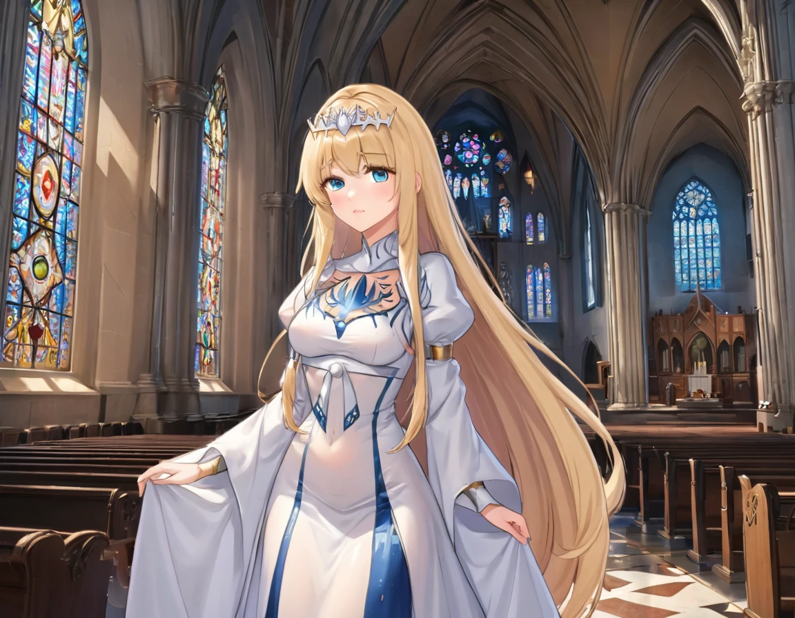 1girl,solo, calca, blonde hair, ,( extremely long hair:1.2), very long hair, extra long hair, white tiara, white dress, blue eyes,Calca Bessarez, medium breast,Calca, indoor, church, cathedral, stained glass