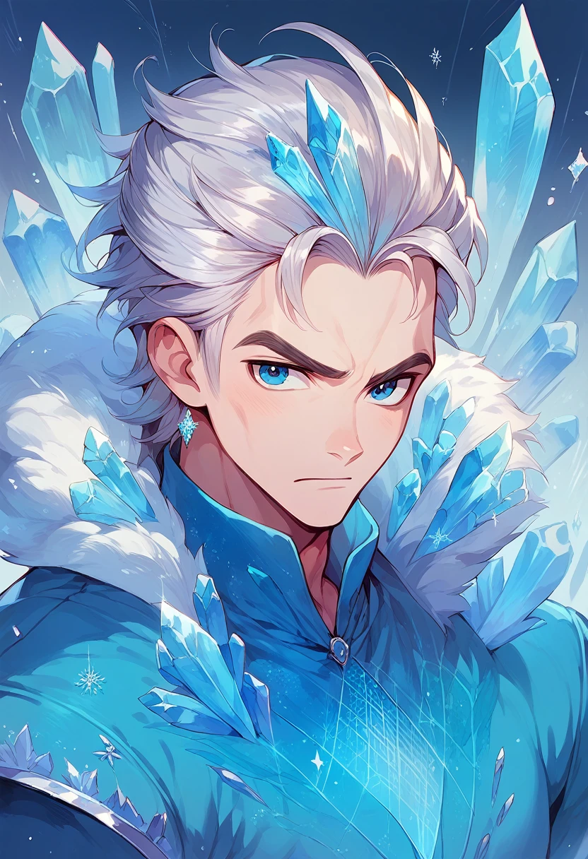 Man surrounded by crystal ice and frozen flowers, Silver hair and crystal blue eyes, with a diamond on his forehead. Have a ice and nature power. 