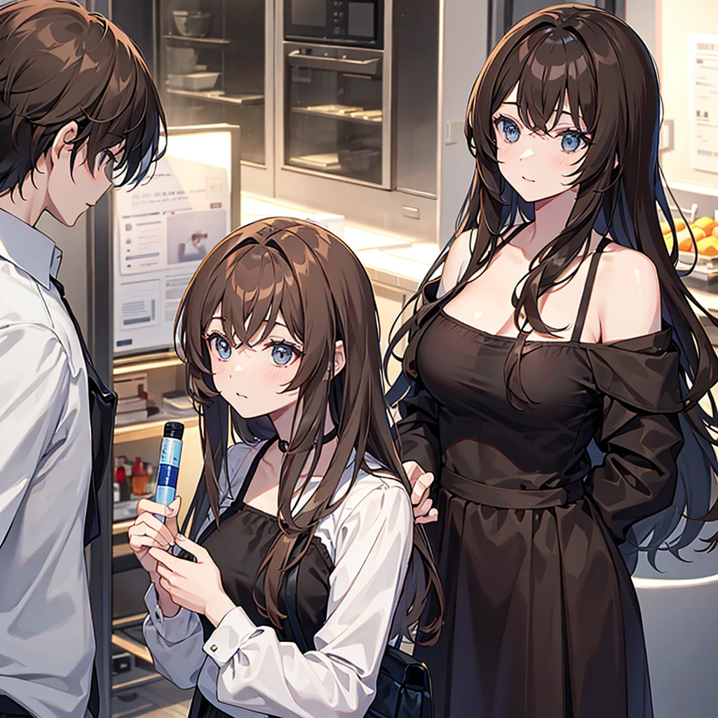 Make a woman with big brown hair and yellow eyes who wears black clothes