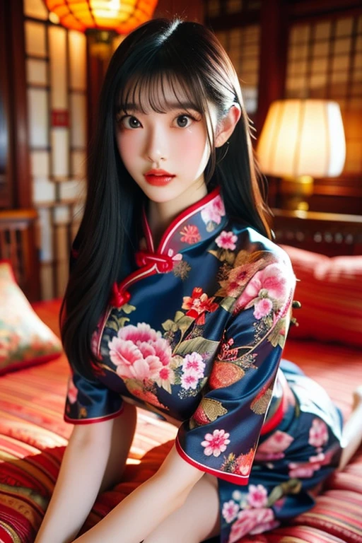 8K, RAW Photos, Highest quality, masterpiece:1.2, High-quality RAW color photos, Professional photography, Cinematic Light, alone, yukata, Unbuttoned, chest, young woman, indoor, ショットseductively posing on all fours on a bed, looking up flirtatiously