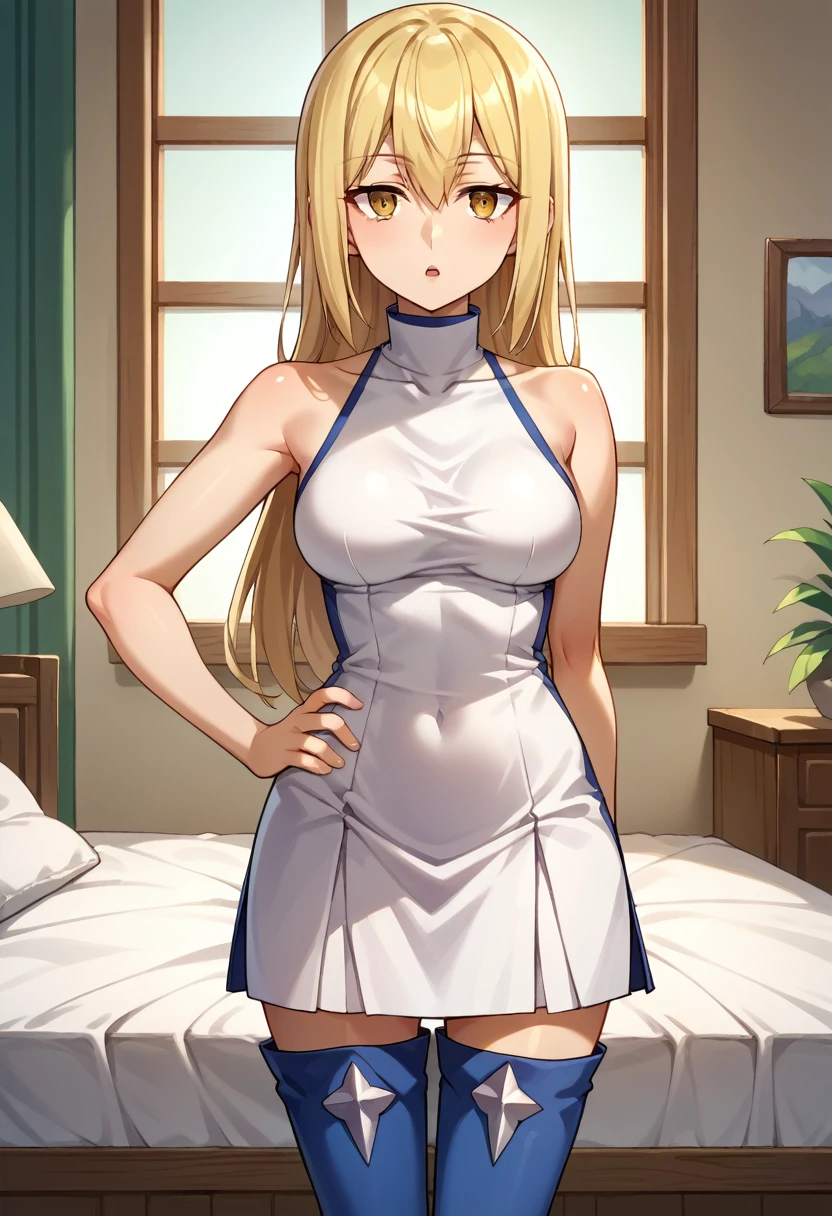 score_9, score_8_up, score_7_up, score_6_up, source_anime, BREAK 1girl, solo  ais wallenstein, white turtleneck, white dress, sleeveless, short dress, thigh boots, medium breasts, hand on hip, chestnut mouth, looking at you, room, bed, 