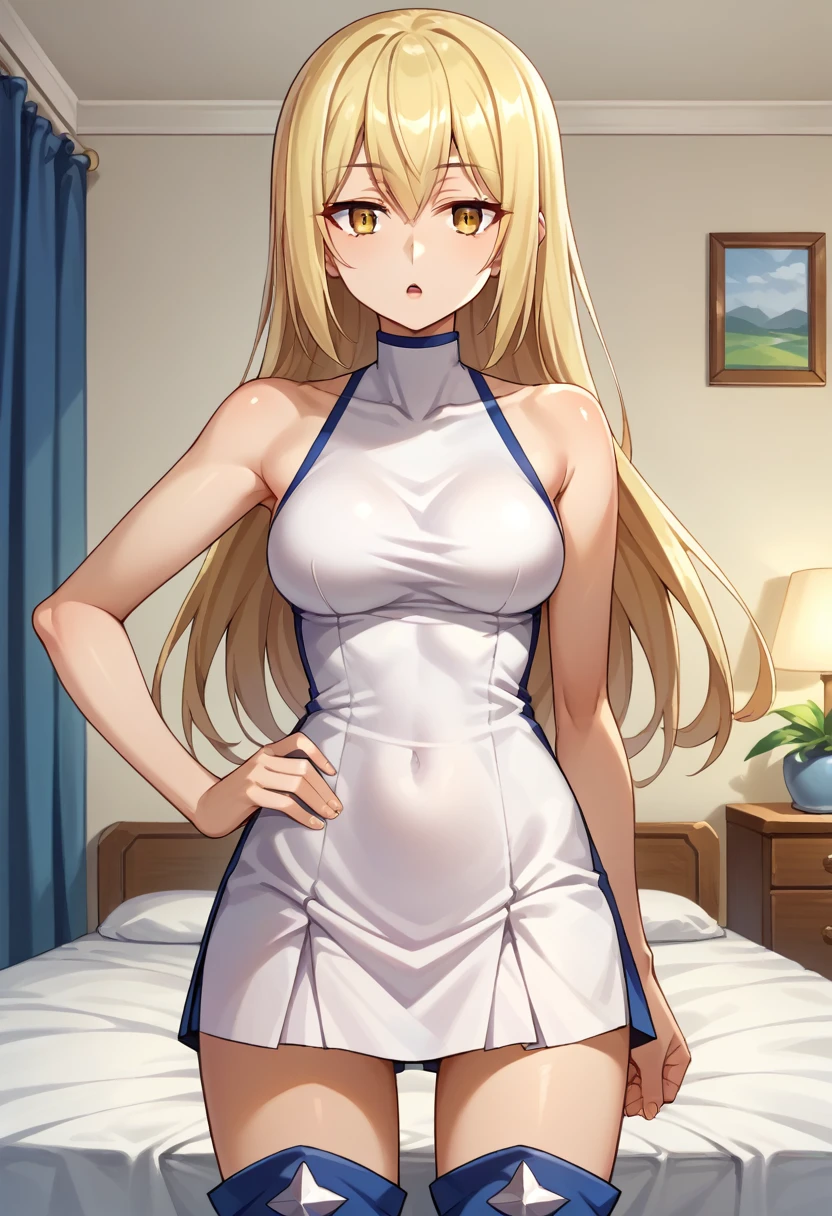 score_9, score_8_up, score_7_up, score_6_up, source_anime, BREAK 1girl, solo  ais wallenstein, white turtleneck, white dress, sleeveless, short dress, thigh boots, medium breasts, hand on hip, chestnut mouth, looking at you, room, bed, 