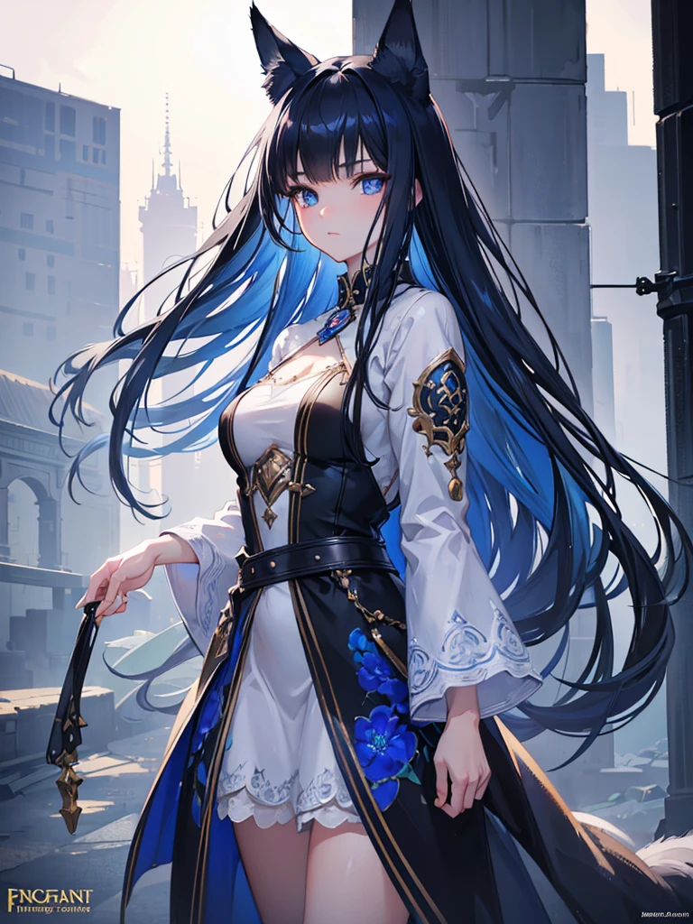 a fox girl,beautiful detailed blue eyes,long black hair with bangs,casual clothing,intricate detailed face,highly detailed,8k,photorealistic,cinematic lighting,digital painting,fantasy,artstation,trending on artstation