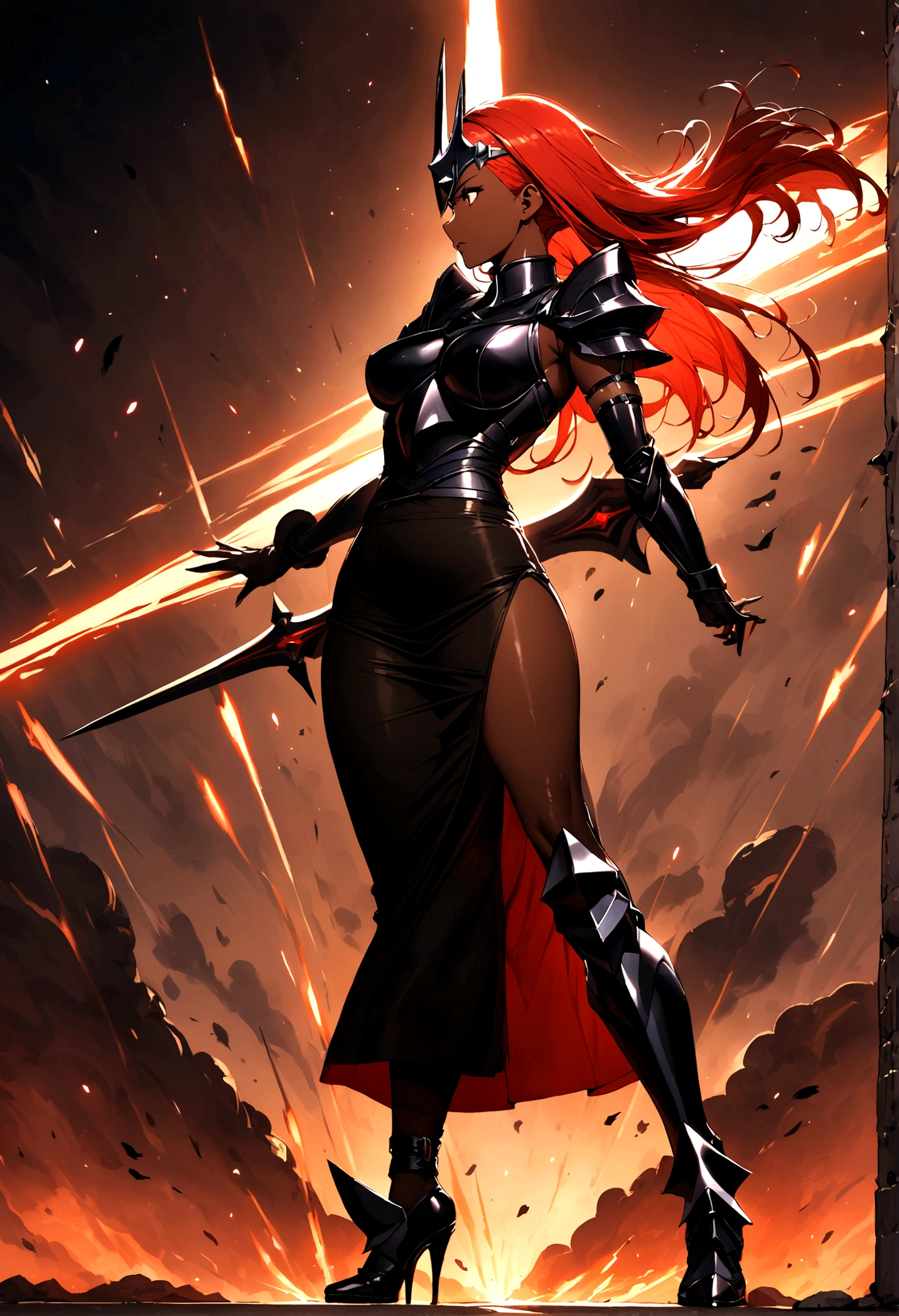 Best quality, female black knight, maxi pencil skirt, dark brown skin, red hair, full body