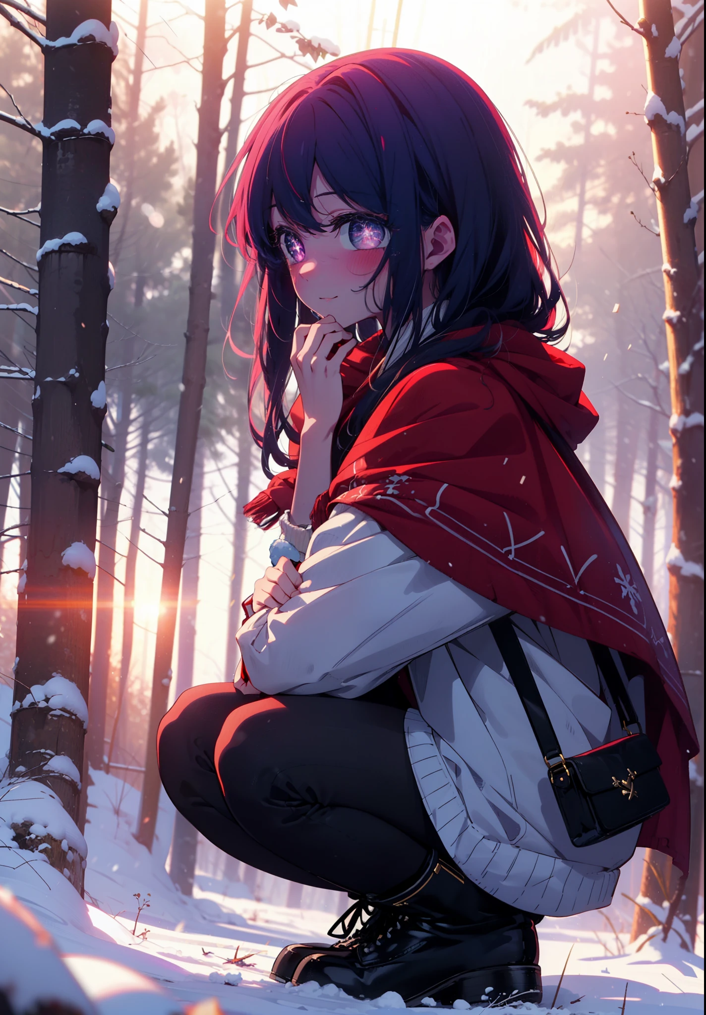 aihoshino, Ai Hoshino, Long Hair, bangs, (Purple eyes:1.1), Purple Hair, (Symbol-shaped pupil:1.5), smile,,smile,blush,White Breath,
Open your mouth,snow,Ground bonfire, Outdoor, boots, snowing, From the side, wood, suitcase, Cape, Blurred, , forest, White handbag, nature, Squat, Mouth closed, Cape, winter, Written boundary depth, Black shoes, red Cape break looking at viewer, Upper Body, whole body, break Outdoor, forest, nature, break (masterpiece:1.2), Highest quality, High resolution, unity 8k wallpaper, (shape:0.8), (Beautiful and beautiful eyes:1.6), Highly detailed face, Perfect lighting, Highly detailed CG, (Perfect hands, Perfect Anatomy),