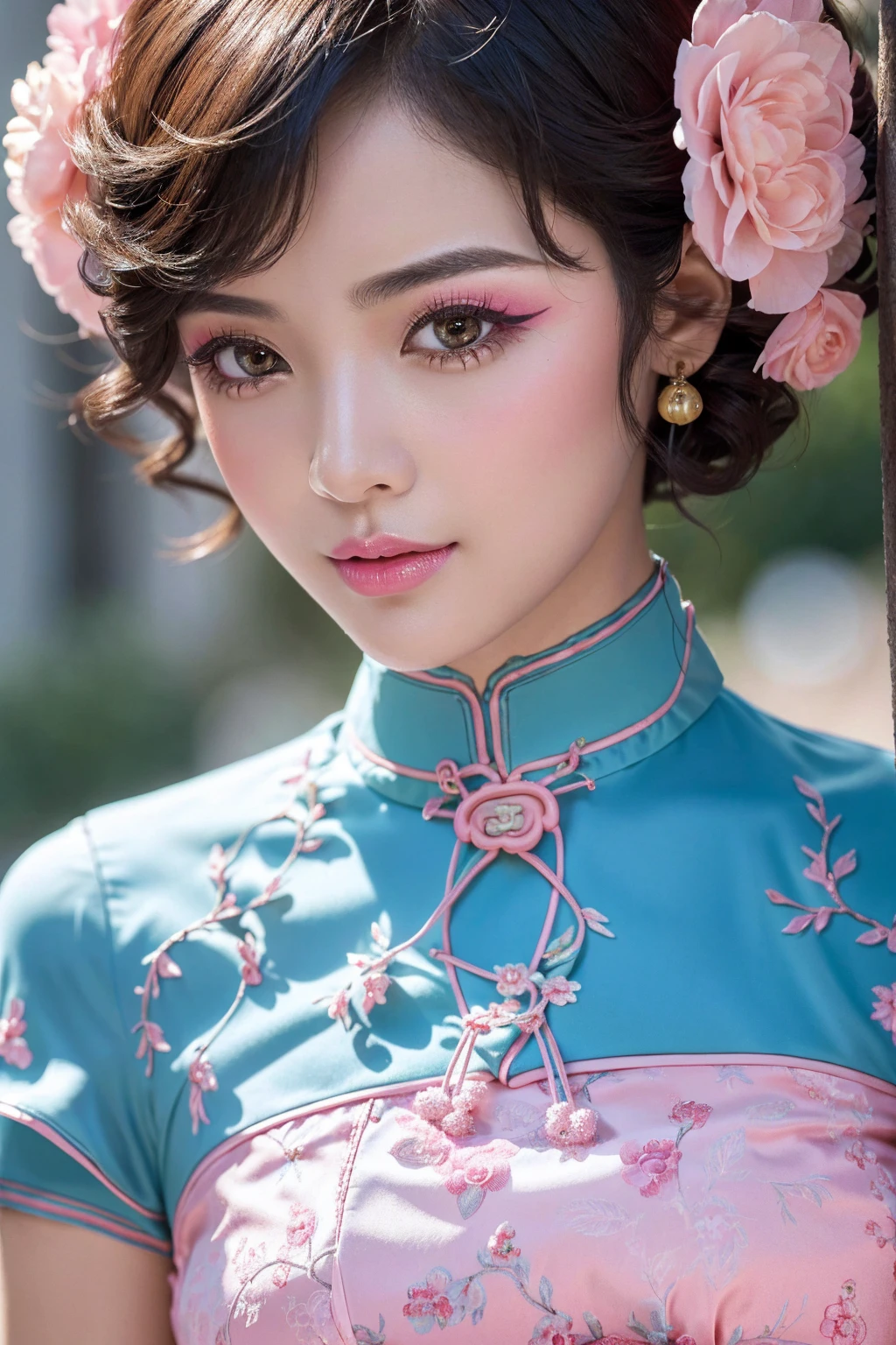 (best quality、4k、8k、highres、 masterpiece:1.2)、ultra detailed、(realistic、photorealistic)、(1woman:1.3 22-year-old). BREAK, ((Fujicolor、daytime soft lighting)、fashion supermodel、(short curly hair). BREAK, (pink_makeup:1.25). BREAK, ((Classic and sexy blue cheongsam)、Detailed decoration:1.3))、(Fitted clothing:1.3)、dynamic pose、((close-up of her face: 1.33))