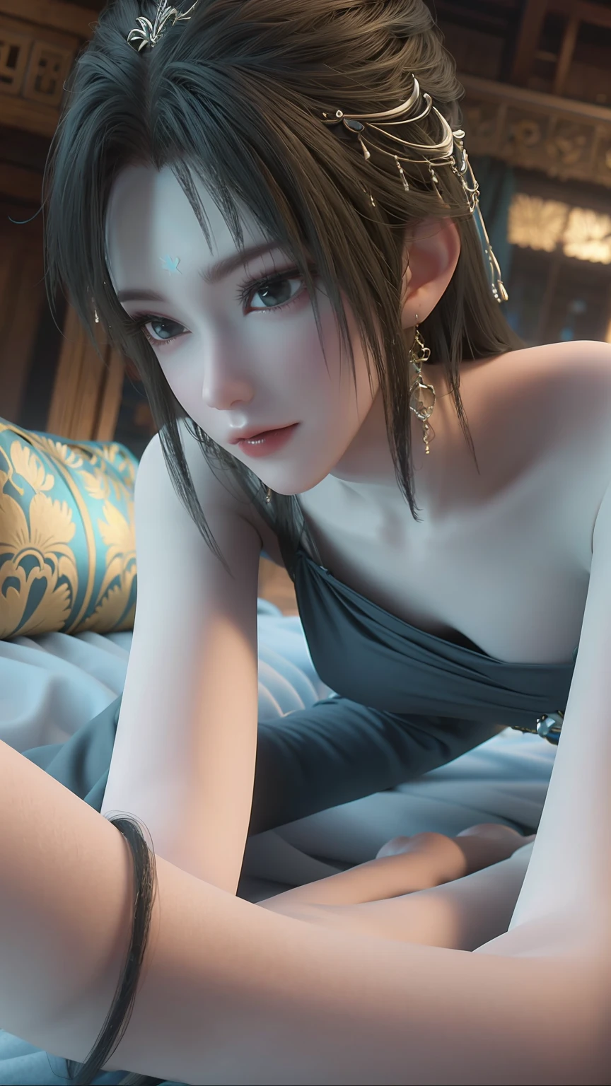 一个女孩Lying in bed，Face up，Raise your legs slightly，Front view super detailed beautiful big breasted girl s old. Ultra HD, 4K, 8K, Movie，whole body，Lying down，Long legs，Very big breasts，whole body捕捉，（（（Lying in bed））），（（（whole bodyLying in bed））），big bed，Off-shoulder，Shoulder to shoulder，Lying in bed，Sleeping on the pillow，Lying down，Headrest pillows