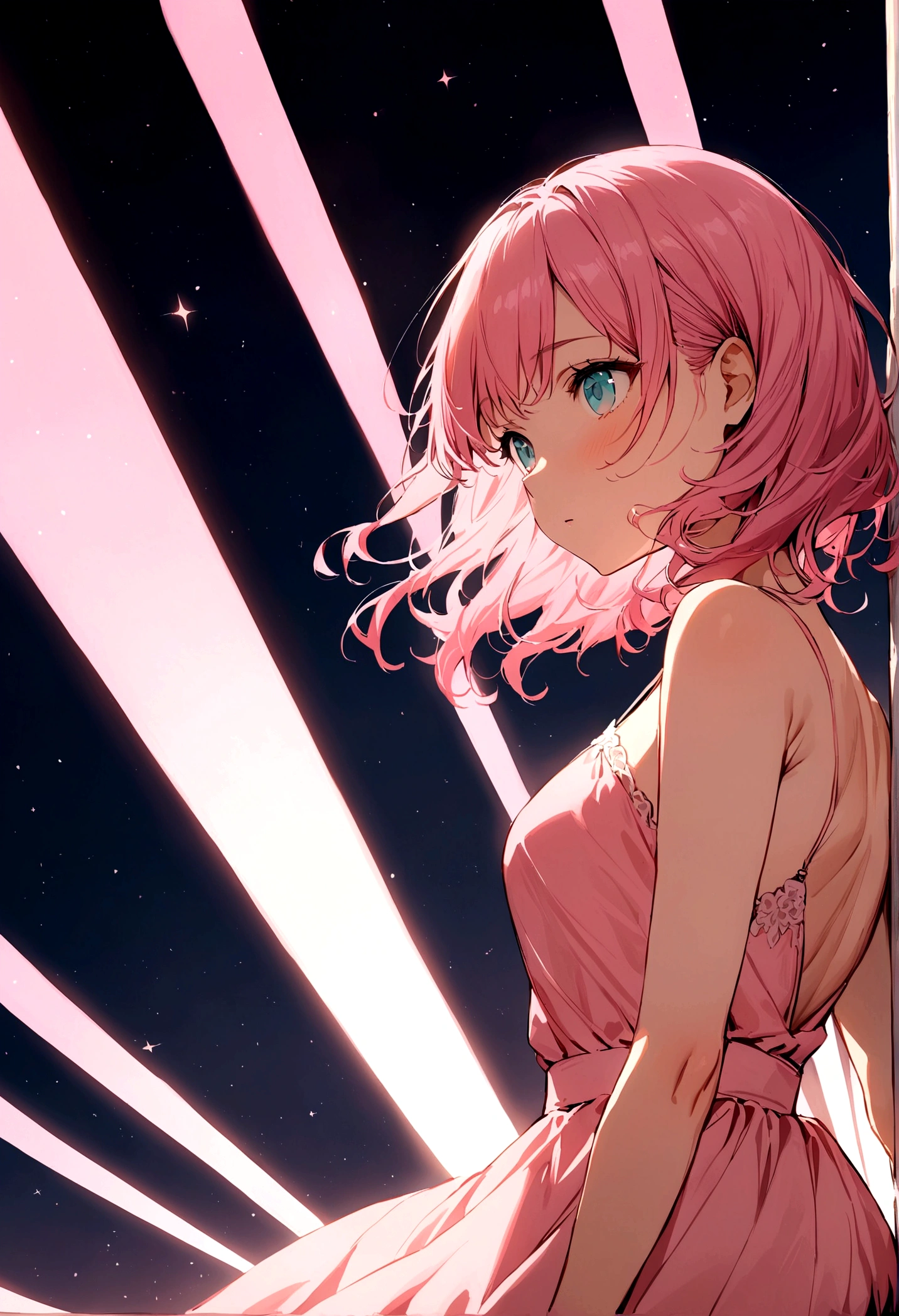 shortening, Depth of written boundary, masterpiece, Best Quality, 22 year old girl, Pink Hair, Teal Eye, Medium Hair, floating,Pink rays, alone, Watching the audience,Pink Dress, flight, Dim sunshine,