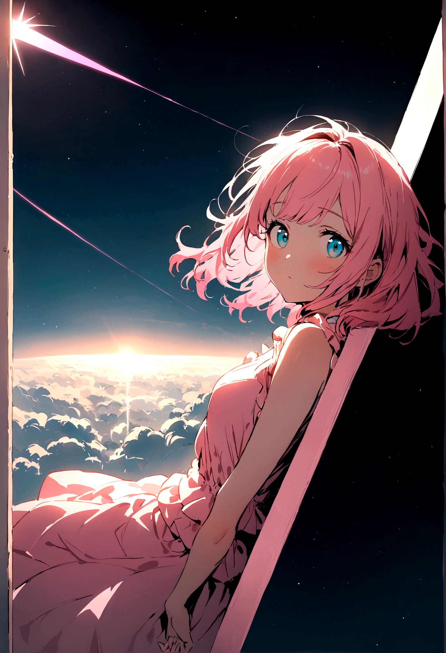shortening, Depth of written boundary, masterpiece, Best Quality, 22 year old girl, Pink Hair, Teal Eye, Medium Hair, floating,Pink rays, alone, Watching the audience,Pink Dress, flight, Dim sunshine,