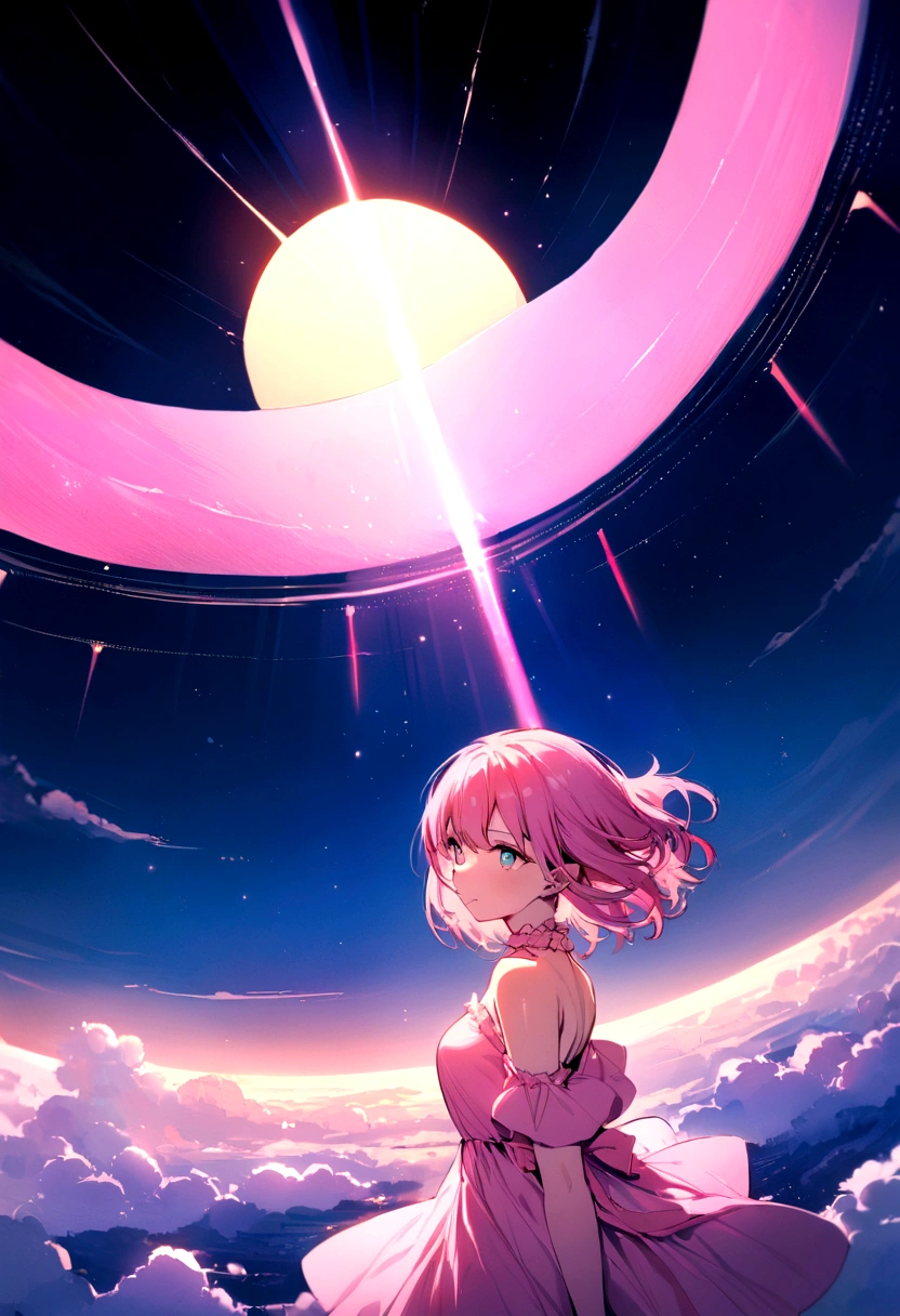 shortening, Depth of written boundary, masterpiece, Best Quality, 22 year old girl, Pink Hair, Teal Eye, Medium Hair, floating,Pink rays, alone, Watching the audience,Pink Dress, flight, Dim sunshine,