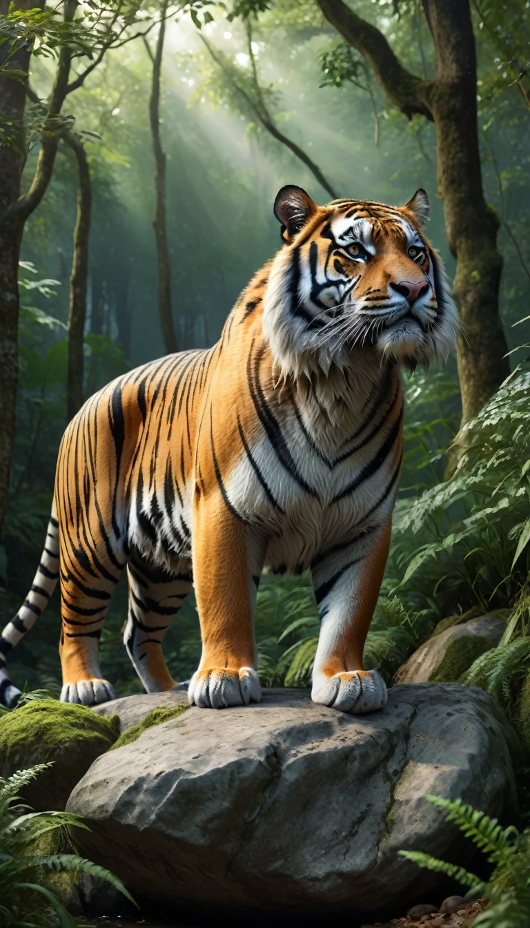 Panoramic side view，A wild beast crouched on a rock in the forest，The body of a tiger，The tail of the cow（best quality，4K，8K，High level，masterpiece：1.2），Ultra Detailed，（lifelike，Photo real，Photo real：1.37），Highly detailed animals，Complex patterns，Realistic lighting，Fantasy Creatures
