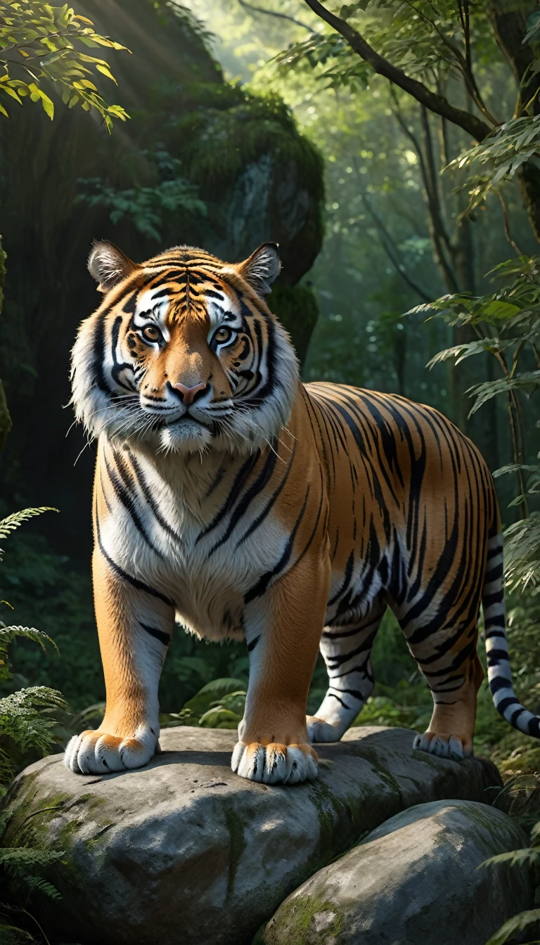 Panoramic side view,A wild beast crouched on a rock in the forest,The body of a tiger,The tail of the cow(best quality,4K,8K,High level,masterpiece:1.2),Ultra Detailed,(lifelike,Photo real,Photo real:1.37),Highly detailed animals,Complex patterns,Realistic lighting,Fantasy Creatures