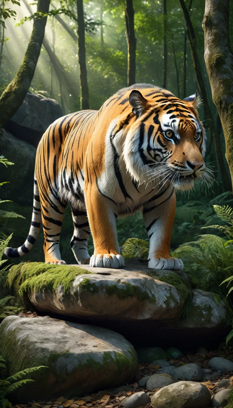 Panoramic side view,A wild beast crouched on a rock in the forest,The body of a tiger,The tail of the cow(best quality,4K,8K,High level,masterpiece:1.2),Ultra Detailed,(lifelike,Photo real,Photo real:1.37),Highly detailed animals,Complex patterns,Realistic lighting,Fantasy Creatures