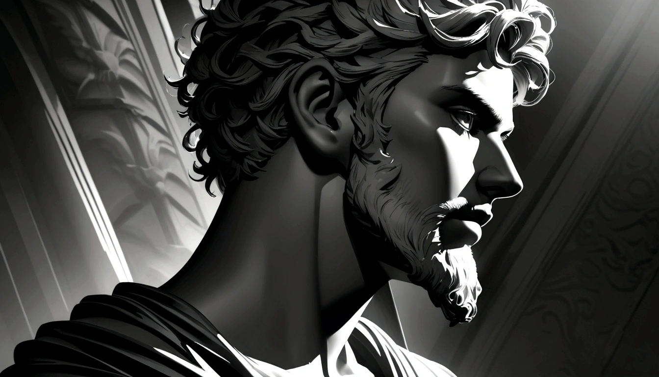 A Portrait Statue of the Stoic Marcus Aurelius in Black and White 4K,Face lateral, super realistic wallpaper