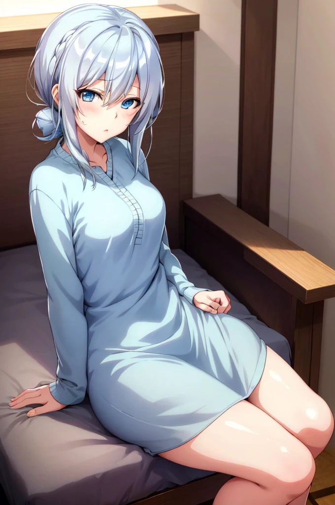 Yukino, sitting on a bed with her legs crossed, seductive anime girl, silver hair and blue eyes, attractive anime girl, cute anime girl, anime girl, sitting on her bed, (anime girl), anime best girl, sitting on a bed, sitting on the bed, an anime girl, pretty anime girl