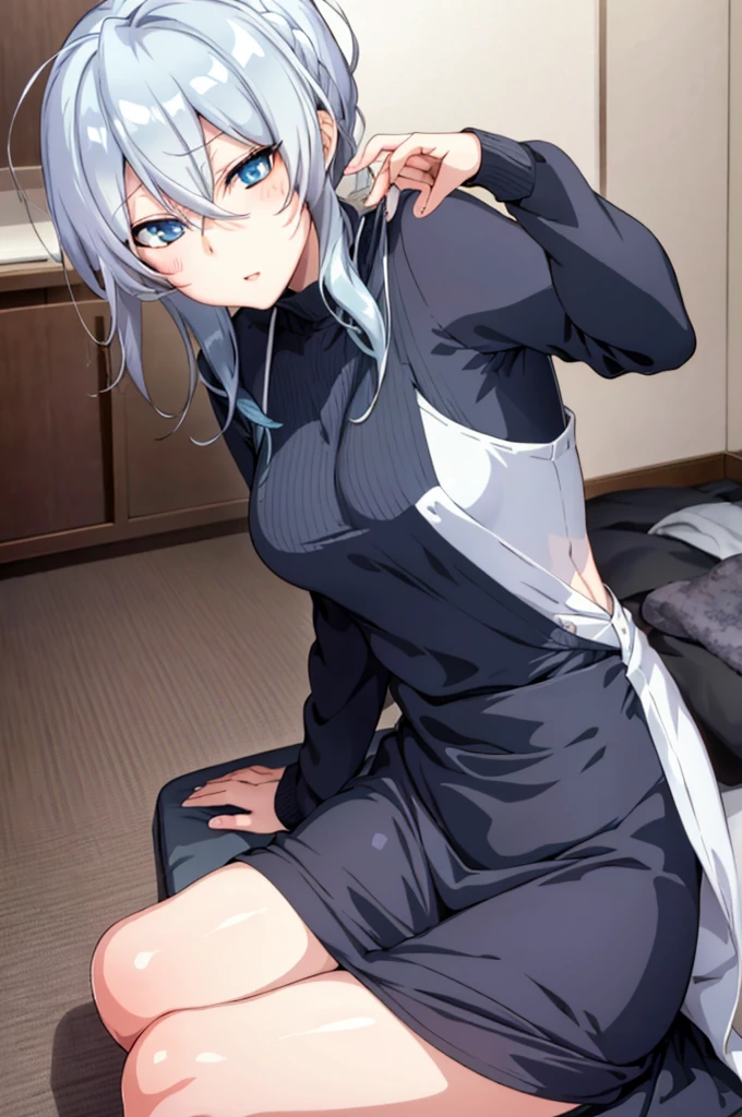 Ultra-high image quality,Look at viewers, hands behind back, girl with, 20 years old, Very short hair, long bangs between eyes, blue eyess,Black eyes, Hoodie, Skirt , Extremely detailed,(masterpiece、top-quality),White hair、A smile、Fantastical, Silver hair,, Hoodie, White hoodie,a black skirt,Hair is short,White jacket, Casual style,Open jacket, , look down from above、open open mouth、5 fingers、inside in room、sleeps in a bed、