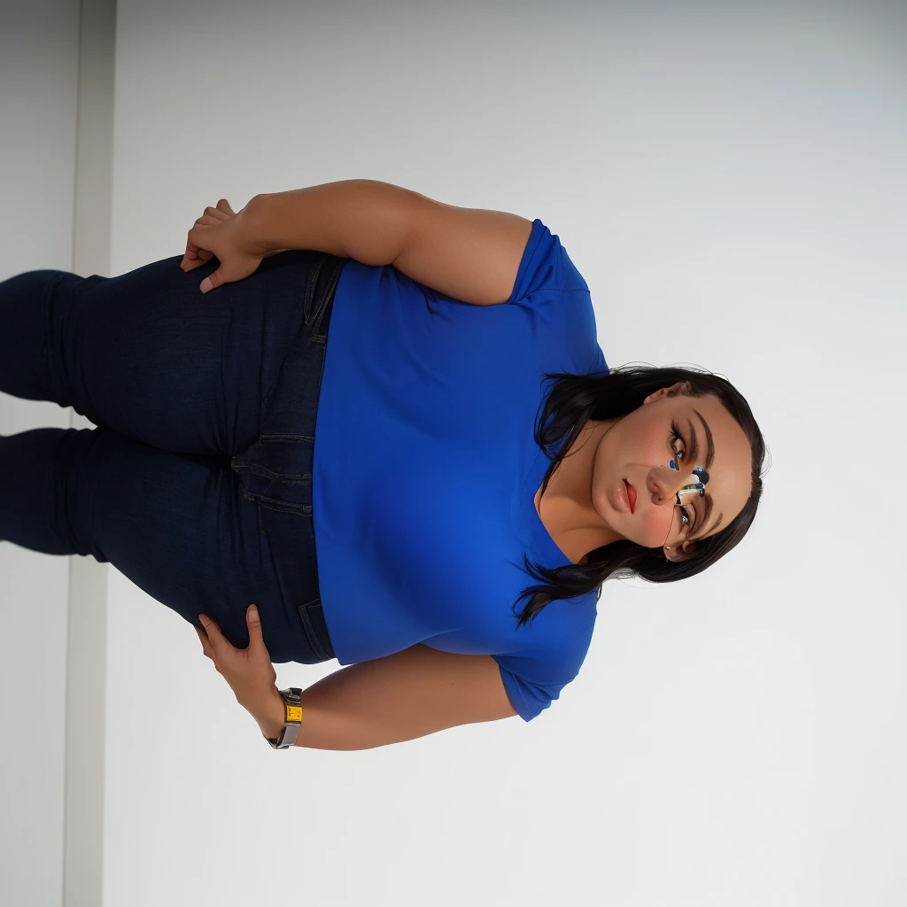 There's a woman standing in a room in a blue shirt, full body portrait shot, head and shoulders photography, photo by full bodygenic shot, full body shot photograph, photo by full bodygraph, filmed in the photo studio, tina belcher as a real person, full body shot shot, photo by full body, photo from a promotional shoot, photo by full body, Full-body image