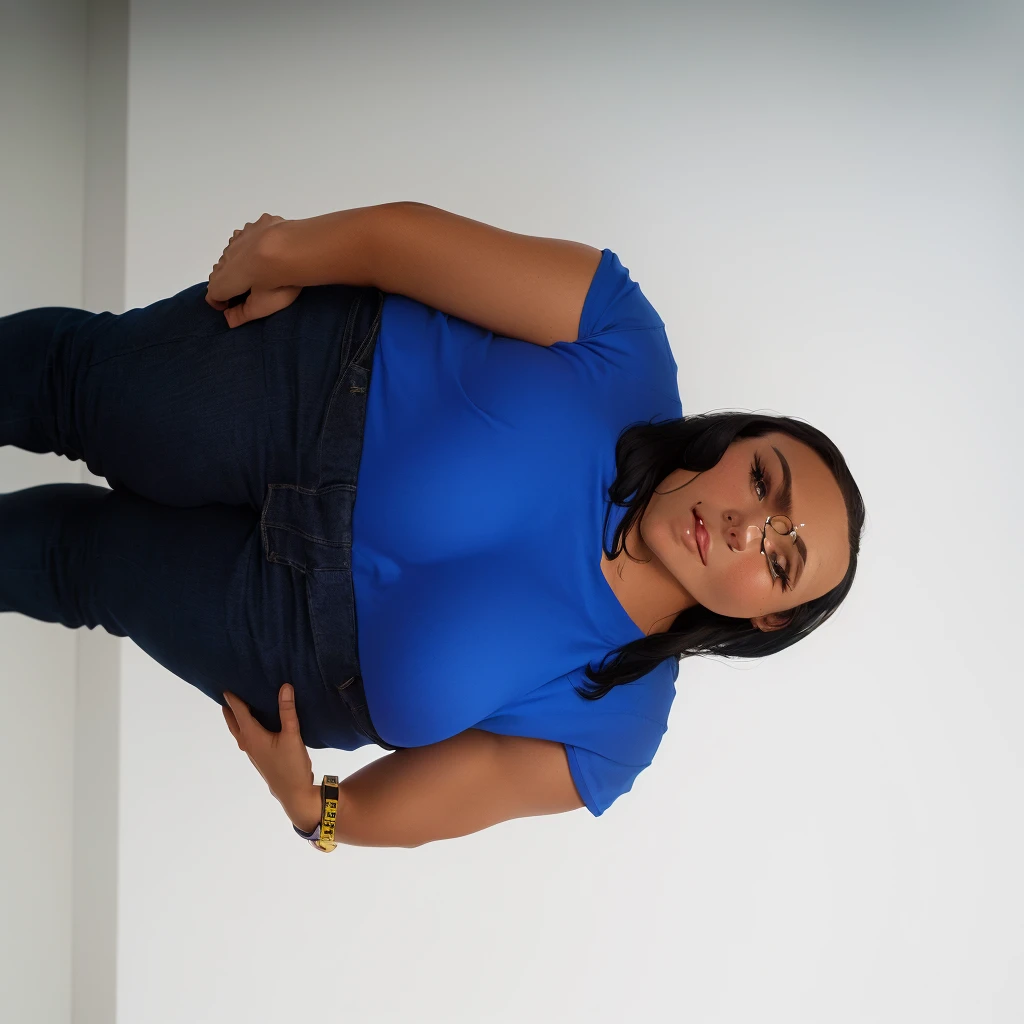 There's a woman standing in a room in a blue shirt, full body portrait shot, head and shoulders photography, photo by full bodygenic shot, full body shot photograph, photo by full bodygraph, filmed in the photo studio, tina belcher as a real person, full body shot shot, photo by full body, photo from a promotional shoot, photo by full body, Full-body image