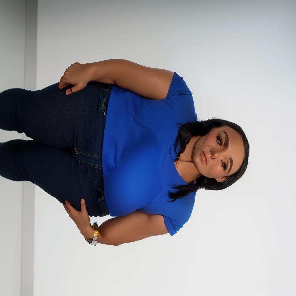 There's a woman standing in a room in a blue shirt, full body portrait shot, head and shoulders photography, photo by full bodygenic shot, full body shot photograph, photo by full bodygraph, filmed in the photo studio, tina belcher as a real person, full body shot shot, photo by full body, photo from a promotional shoot, photo by full body, Full-body image