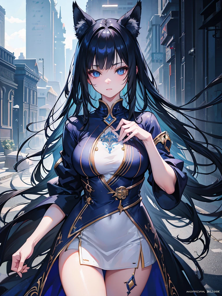 best quality, extremely detailed,anime style girl,long hair down to the waist, straight hair, ((dark black hair with bluish)),braid,beautiful detailed eyes, pinched eyes, (dark blue eyes),huge breasts,curvy,fantasy colorful casual clothing,Clothing with complex patterns,hair ornament,((((fantasy street)))),cool expression,dynamic angle