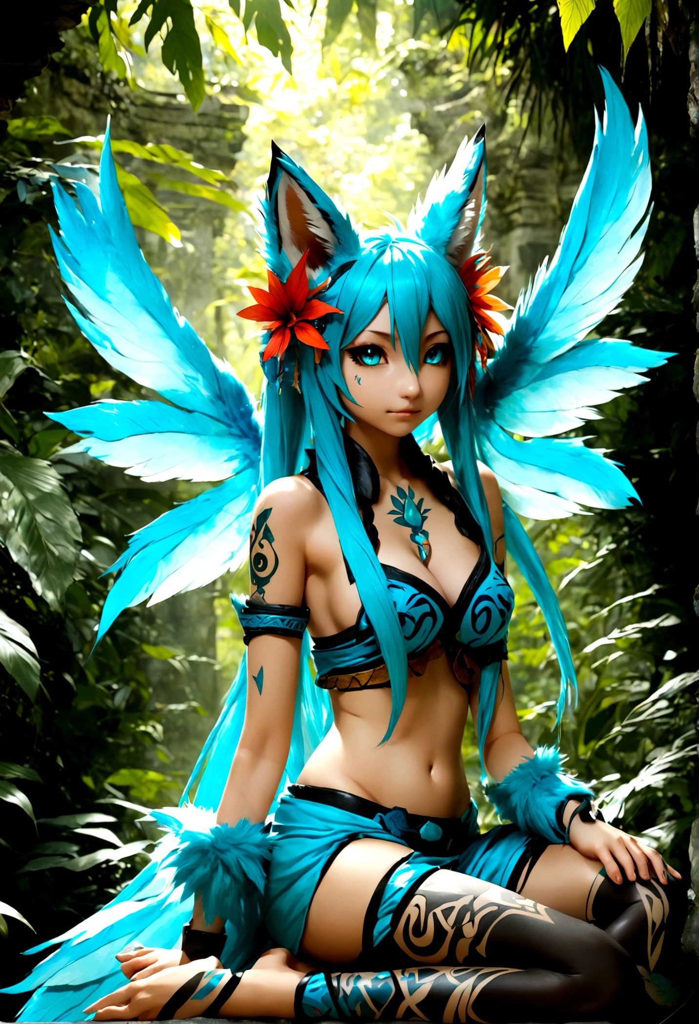 Miku Hatsune, add high definition_detail:1, blue fur,kitsune ears, tribal tattoo add_detail:1, in hell add_detail, barefoot, the same, giant black feather wings add_detail:1 ,alas hermosas la mejor calidad y detail en las plumas, blue saturation light, sensual pose add_detail 