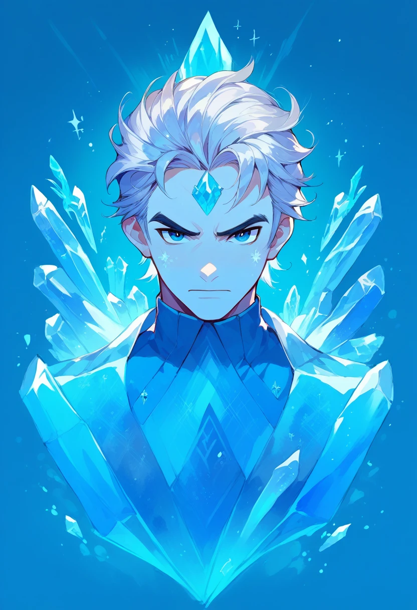 Man surrounded by crystal ice and frozen flowers, Silver hair and crystal blue eyes, with a diamond on his forehead. Have a ice and nature power. Fully body