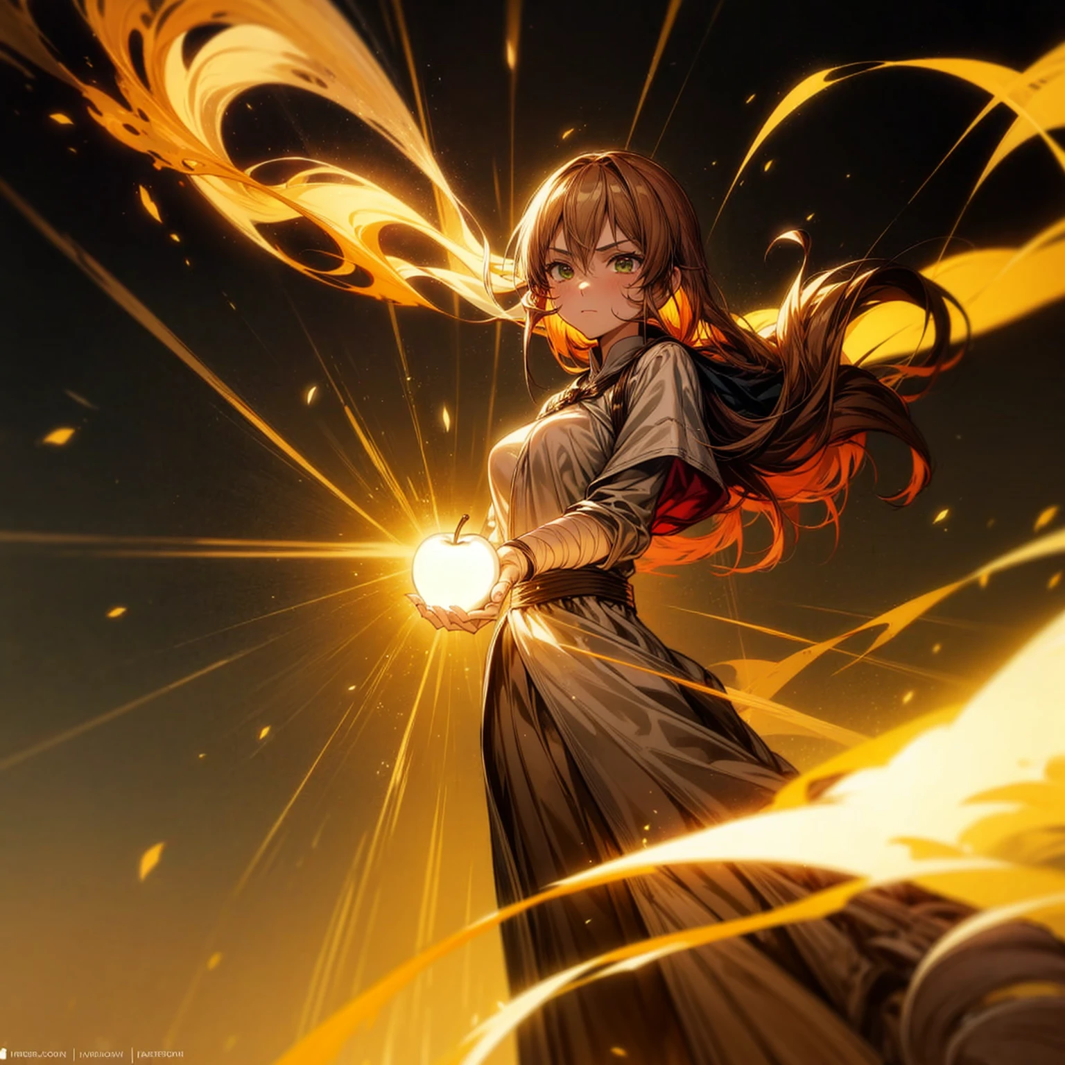 1girl, Full body version, 1character, adult version, green eyes color, long haircut, brown colour hair, Happy expression, Bandage on his hand, medieval style clothing, gold Apple in hand, background in town, motion blur, aura effect, lighting gold Apple, smoke aura in hand, lighting fire, fire effect, sunlight, Light silhouette, golden light aura, apple emitting smoke aura, (attack on Titan style art)