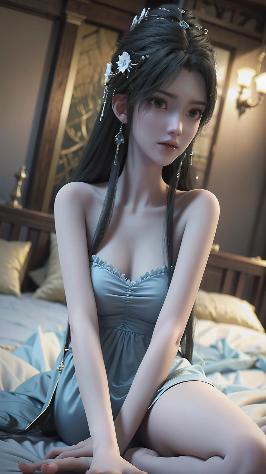 a beautiful young woman with long hair, wearing a nightgown, sitting on a bed, barefoot, in a dress, lying on her side, cross-legged, full body shot, (best quality,4k,8k,highres,masterpiece:1.2),ultra-detailed,(realistic,photorealistic,photo-realistic:1.37),beautiful detailed eyes,beautiful detailed lips,extremely detailed eyes and face,longeyelashes,natural lighting,warm tones,soft focus,portraits,chiaroscuro,depth of field