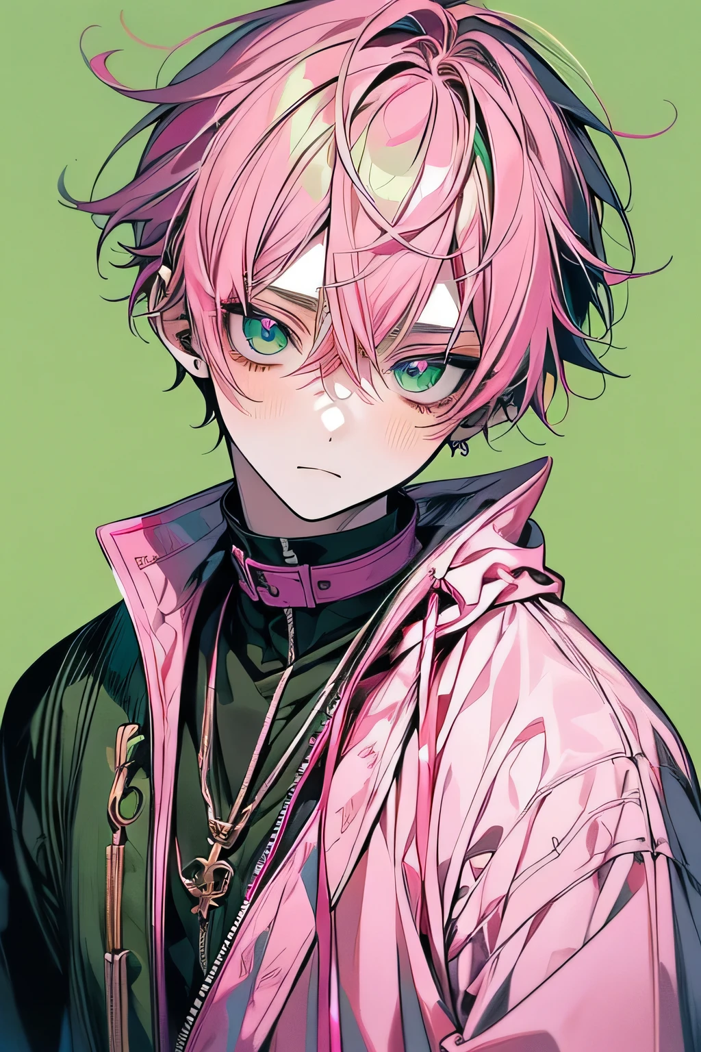 (masutepiece), (Best Quality), 17yo, standart detailed, 1 boy, Solo Focus, half body look, magic echo green, Perfect face, Beautiful face, extra detailed face，(green and pink  hair:1.3)，(pink eye:1.3), cool boy, handsome