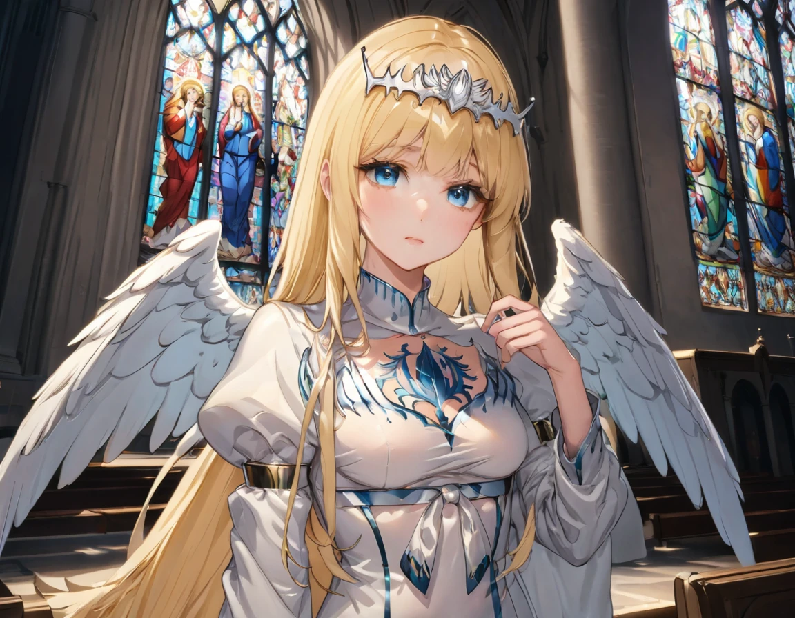 masterpiece,ultra-detailed,best quality,8K,illustration,simple background,,clean skin ,shiny hair,girl,ultra-detailed-eyes, jyojifuku, pajamas,wool, 1angel,solo, calca, blonde hair, ,( extremely long hair:1.3), very long hair, extra long hair, white tiara, white dress, blue eyes,Calca Bessarez, medium breast,Calca, indoor, church, cathedral, stained glass, close up, upper body, very large white wings, angel feature wings