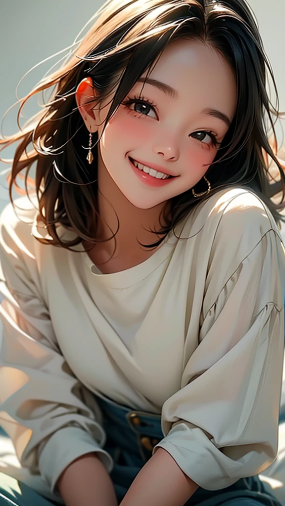 woman,(1 person),With a smile, She expressed her joy, Beautiful and smiling, Laugh gently, Cute smile, 美しいWith a smile, Happy and cheerful expression, And she laughs,very happy, (masterpiece、Highest quality)、Best details