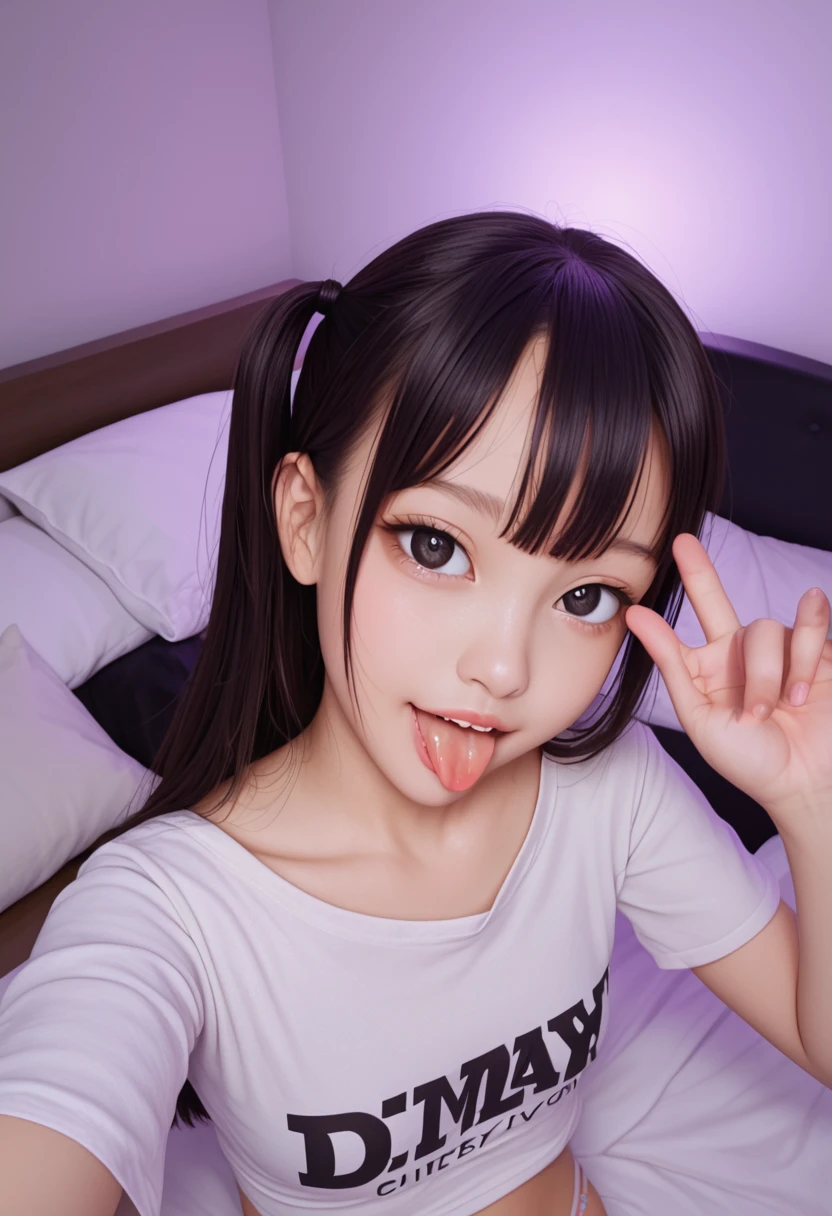 pastel colors t-shirt,off-shoulder look,bare shoulder,ollarbone,midriff peek,string panties,(open mouth:1.5),(tongue out:2),lying,Selfie,front view,upper body,(1girl,Beautiful  girl),((Slender,Small breasts,Small face,)),(looking at viewer),Black Hair,bangs,one side up,Beautiful and detailed,(Dimly lit room:1.5),Simple Background,White bed,pillow,Mischievous smile
