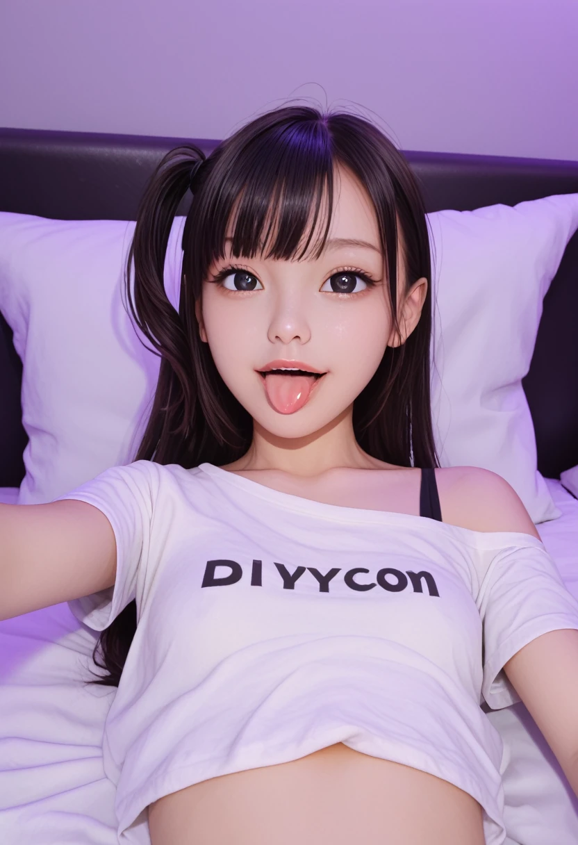 pastel colors t-shirt,off-shoulder look,bare shoulder,ollarbone,midriff peek,string panties,(open mouth:1.5),(tongue out:2),lying,Selfie,front view,upper body,(1girl,Beautiful 14 year old girl),((Slender,Small breasts,Small face,)),(looking at viewer),Black Hair,bangs,one side up,Beautiful and detailed,(Dimly lit room:1.5),Simple Background,White bed,pillow,Mischievous smile
