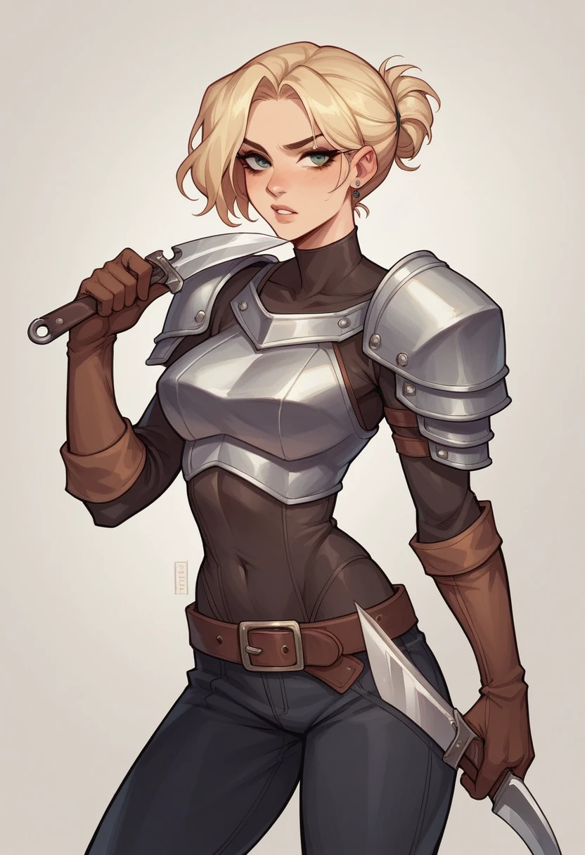 The 16-year-old female character has striking blonde hair that falls in a short, tousled hairstyle around her face. Her slim build gives her a lithe and agile appearance, perfect for her rogue persona. She is dressed in rugged rogue's clothing, complete with sleek and protective leather armor that hints at her readiness for any challenge. The glint of throwing knives strapped to her belt adds a dangerous edge to her otherwise youthful and spirited demeanor.