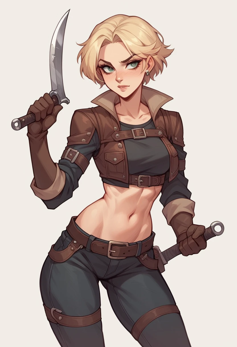 The 16-year-old female character has striking blonde hair that falls in a short, tousled hairstyle around her face. Her slim build gives her a lithe and agile appearance, perfect for her rogue persona. She is dressed in rugged rogue's clothing, complete with sleek and protective leather armor that hints at her readiness for any challenge. The glint of throwing knives strapped to her belt adds a dangerous edge to her otherwise youthful and spirited demeanor.