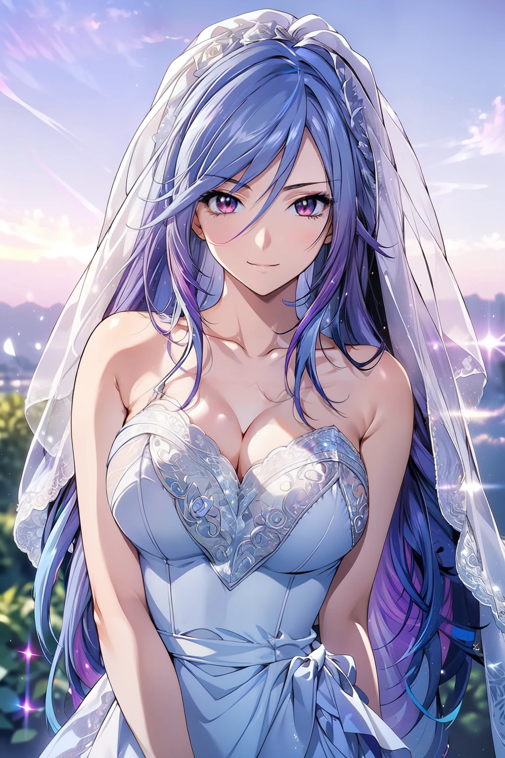 (masterpiece, best quality, beautiful and aesthetic:1.3), 1woman, solo, matured woman, (bright blue hair streaked skyblue:1.4), (Gradient blue hair ends:1.6), hair strand, absurdly long hair, single sidelock, wavy hair, shiny hair, floating hair, (deep blue eyes), delicate eyes, aqua eyes, super high detailed eyes, long upper eyelashes, makeup, Focus on face, Very detailed facial, Perfect breasts, hot body, (Delicate skin texture:1.2), bridal veil, lace-trimmed dress, see-through, wedding dress, outdoors, white roses, garden, morning, standing, extreme detailed, (A little embarrassing)