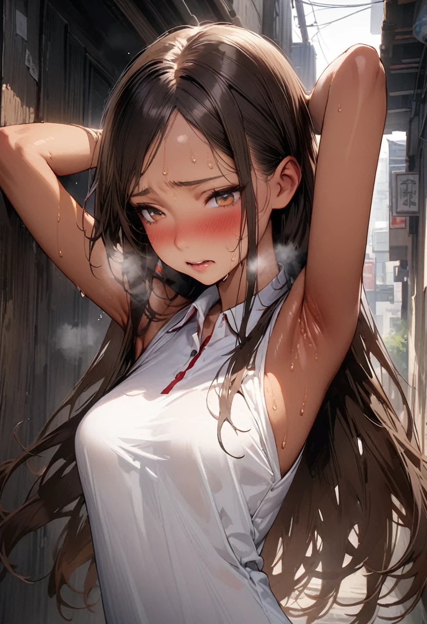 ((masterpiece,Highest quality:1.3,best quality illustration,realistic)),cowboy shot,独奏,1woman,(18-year-old、Japanese Beauty)、brown hair,long hair,center parted bangs,brown eyes,gorgeous eyes,((very small head:1.3)),blush,shy,Heavy breathing、((very long body:1.2,skinny)),medium breasts,(tan skin:1.4), (gleaming skin,toned body,slender body),sweat,(White sleeveless polo dress),Show off your armpits、arms up,hands behind head,Alley、Tokyo、